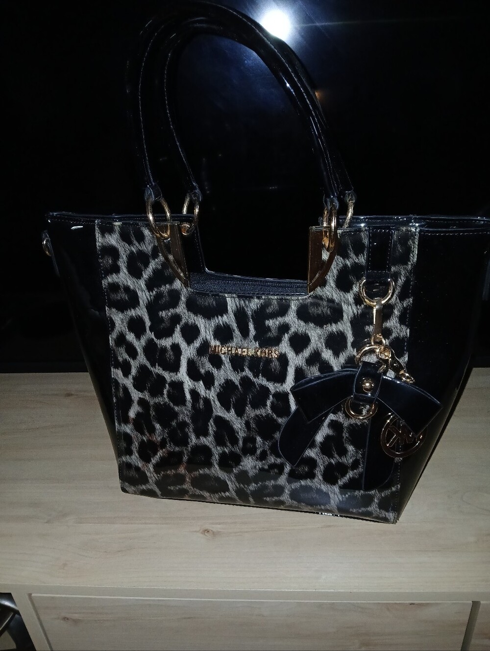 MK Black and Beige Leopard Patent Leather Tote with Bow Charm